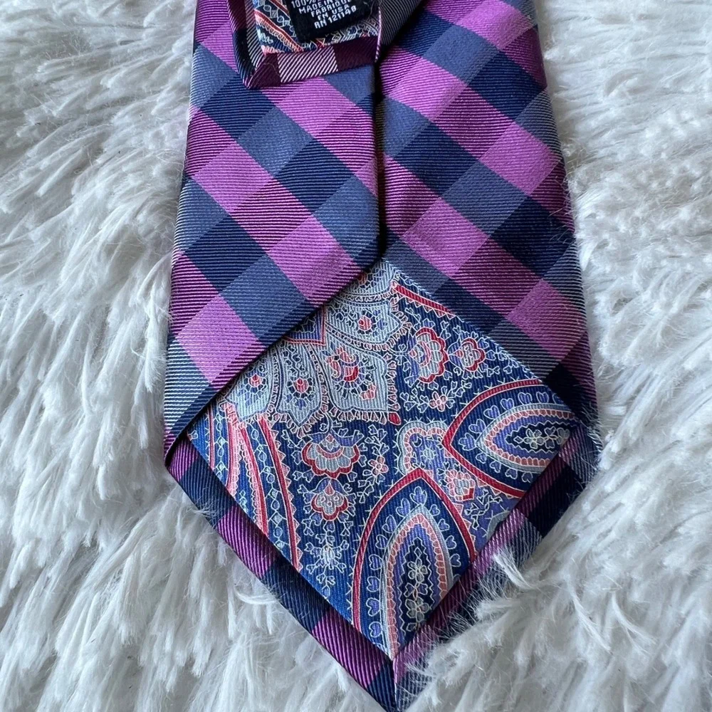 Ted Baker Plaid Checks Tie Purple Pink Navy 100% Silk Made in the USA 3.25